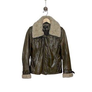 Danier Olive Leather Jacket with Shearling Collar